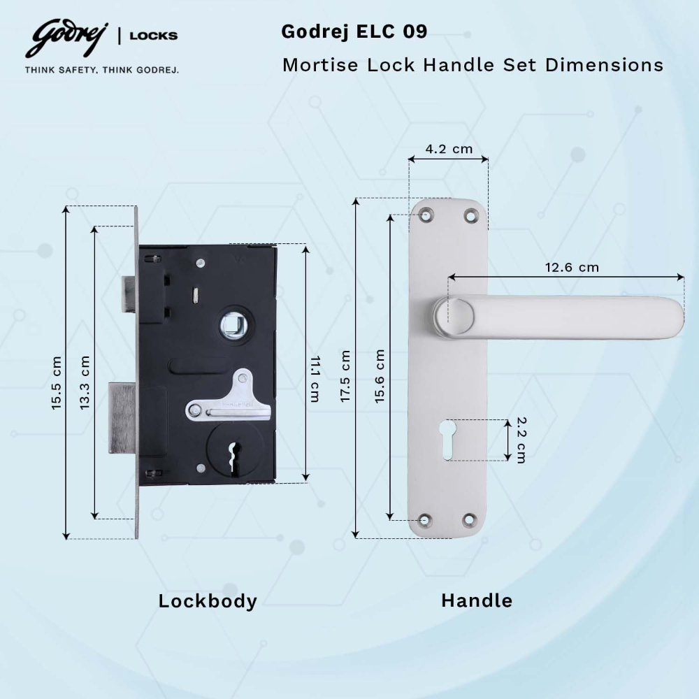 Godrej Mortise Door Lock | Handle Set | ELC 09 | 6-Lever Locking Mechanism | Reversible Latch | For Home & Office | for Wooden Doors | Satinless Finish | 5 Year Warranty